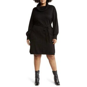 NWT Sam Edelman Knit Cowl Neck Long Sleeve Mini Dress with Tie Belt, Black, M